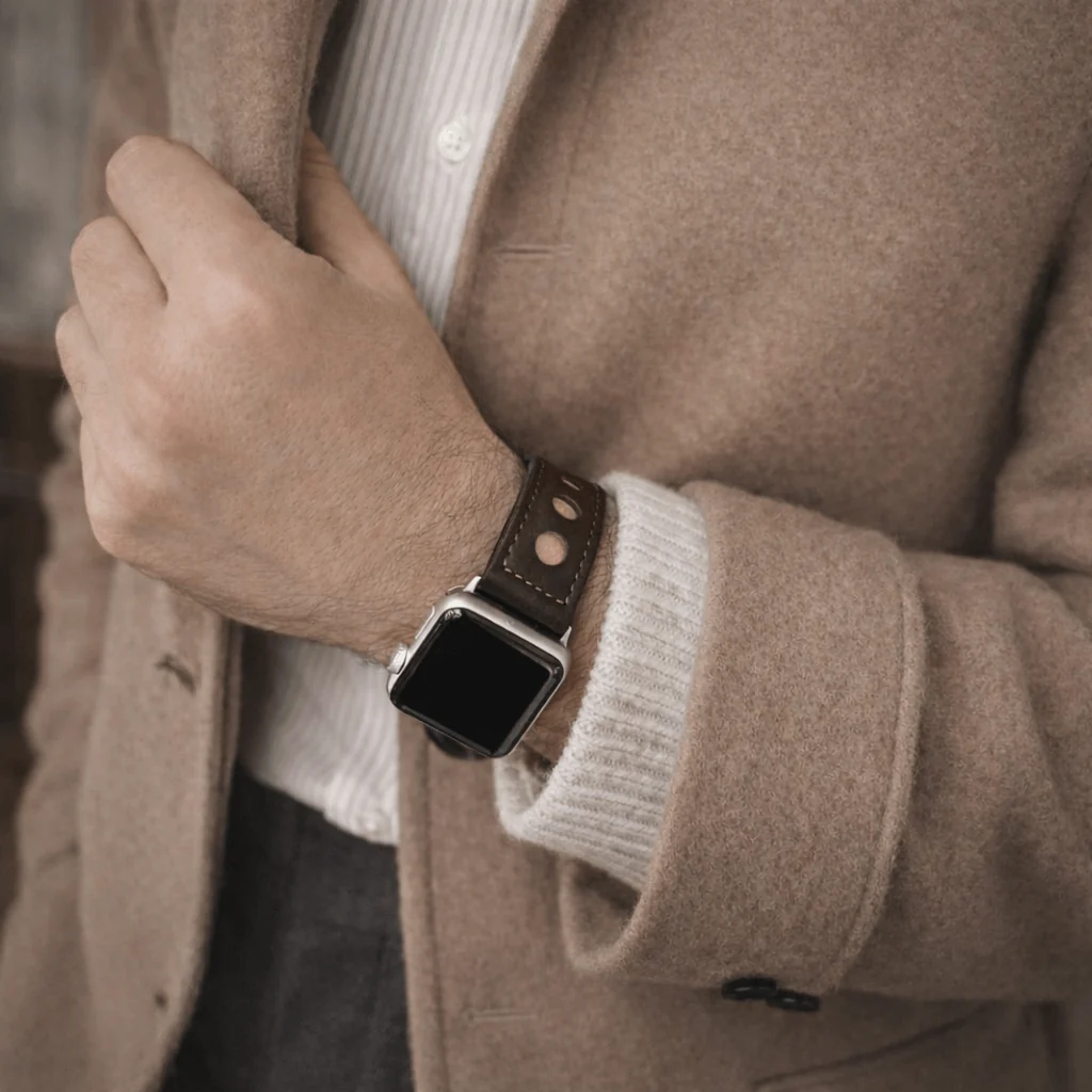 Dunkelbraunes Rallye Apple Watch Lederarmband im Panerai-Stil - Image 3